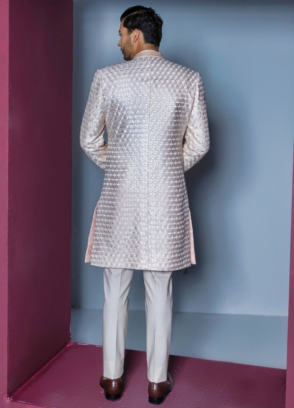 Pale Pink Floral Textured Open Sherwani Set Contrast By Parth - Fabilicious Fashion