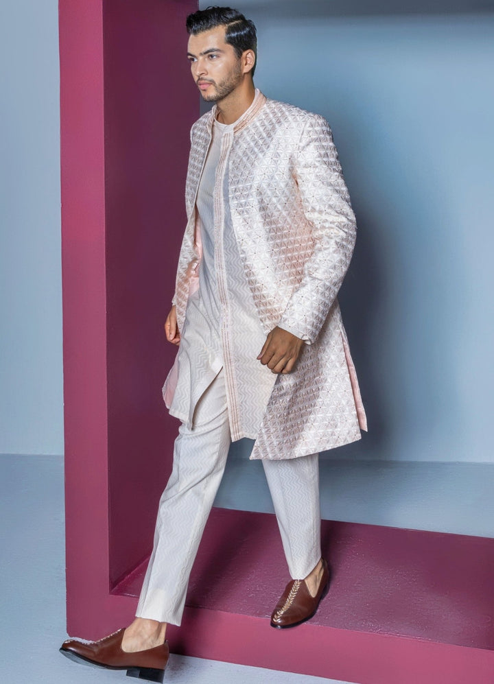 Pale Pink Floral Textured Open Sherwani Set Contrast By Parth - Fabilicious Fashion