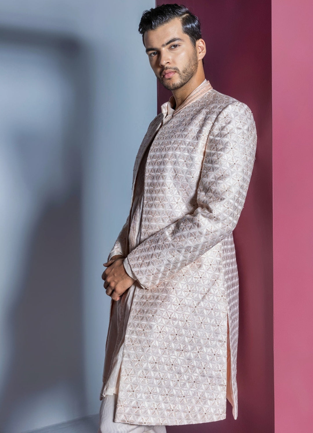 Pale Pink Floral Textured Open Sherwani Set Contrast By Parth - Fabilicious Fashion