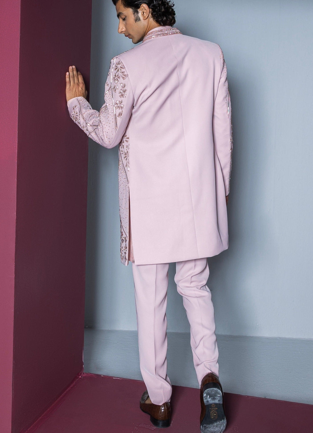 Pale Pink Open Sherwani Set With Pant Contrast By Parth - Fabilicious Fashion