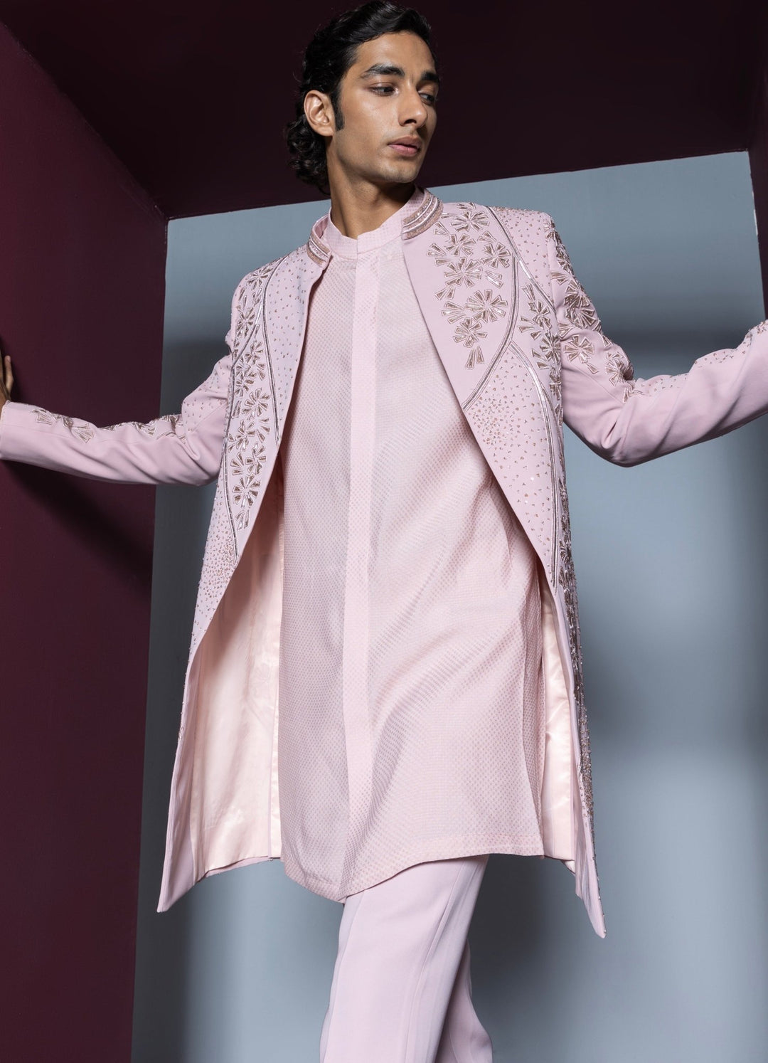 Pale Pink Open Sherwani Set With Pant Contrast By Parth - Fabilicious Fashion