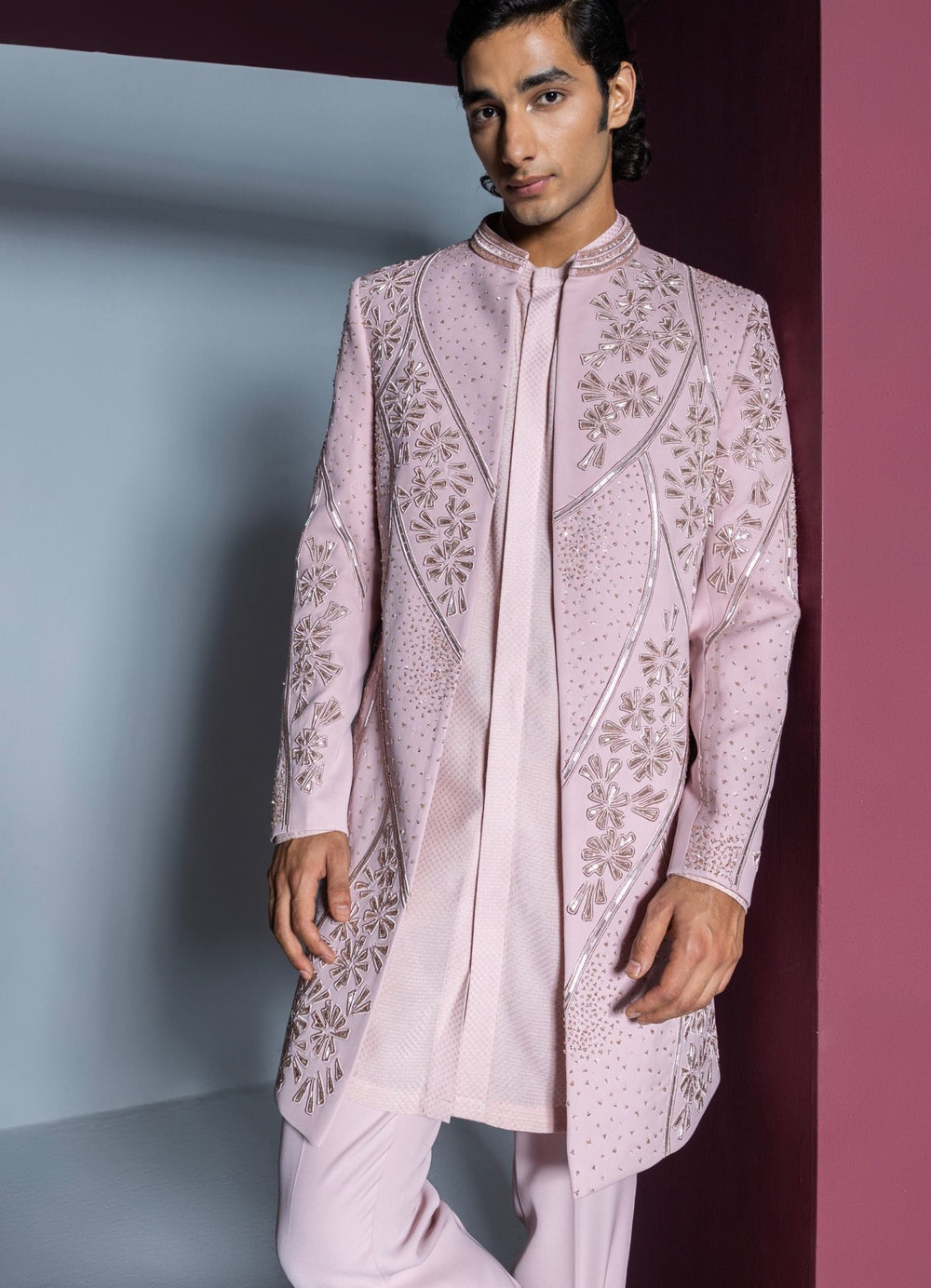 Pale Pink Open Sherwani Set With Pant Contrast By Parth - Fabilicious Fashion