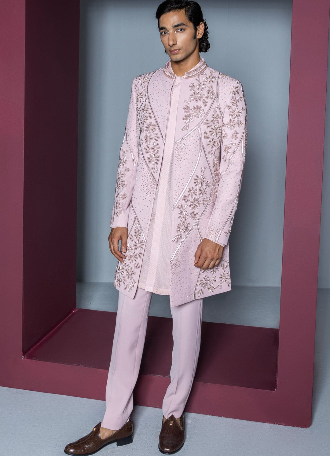 Pale Pink Open Sherwani Set With Pant Contrast By Parth - Fabilicious Fashion