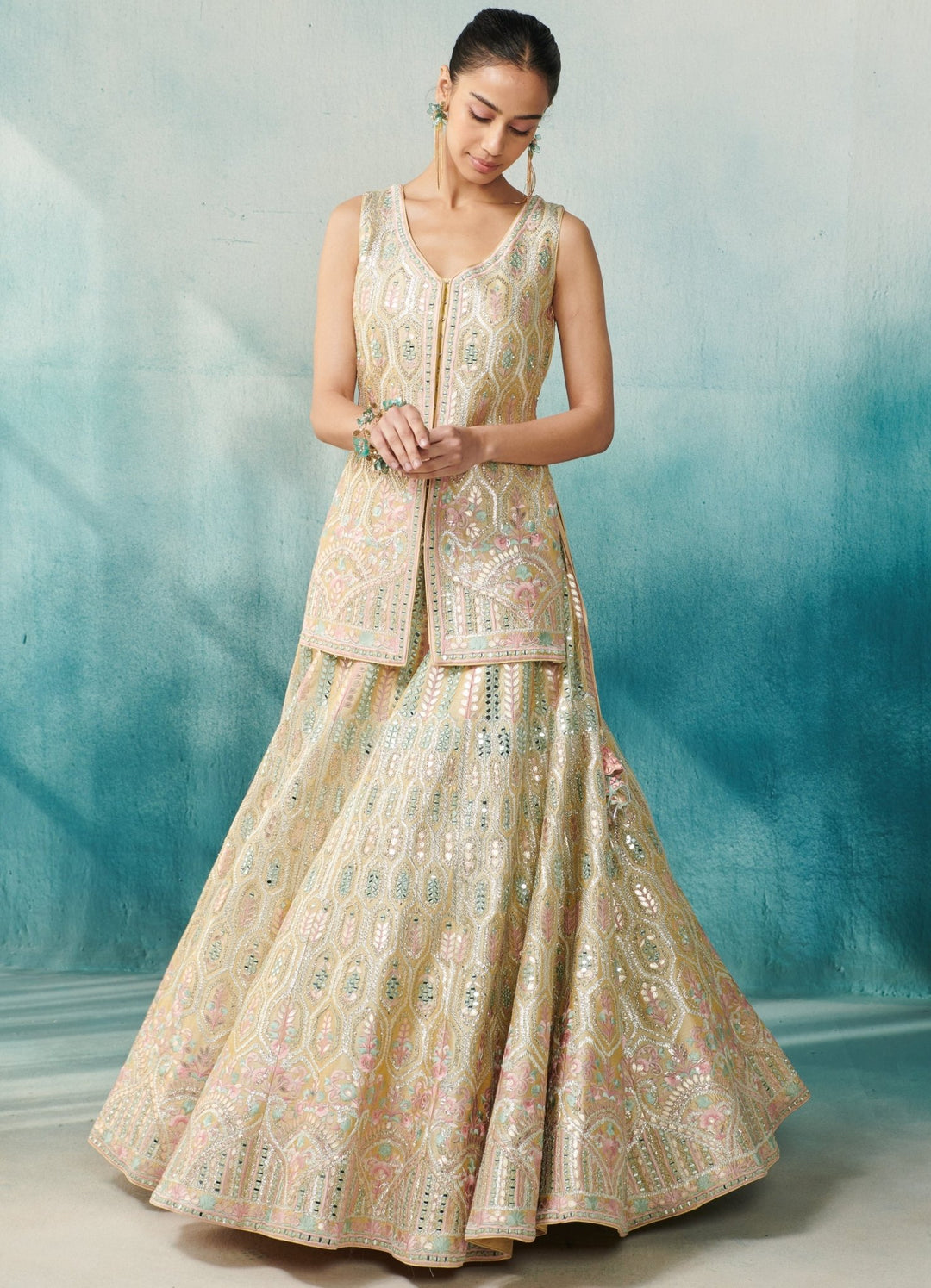 Pale Yellow Silk Lehenga With Front Open Jacket Set Suhino - Fabilicious Fashion