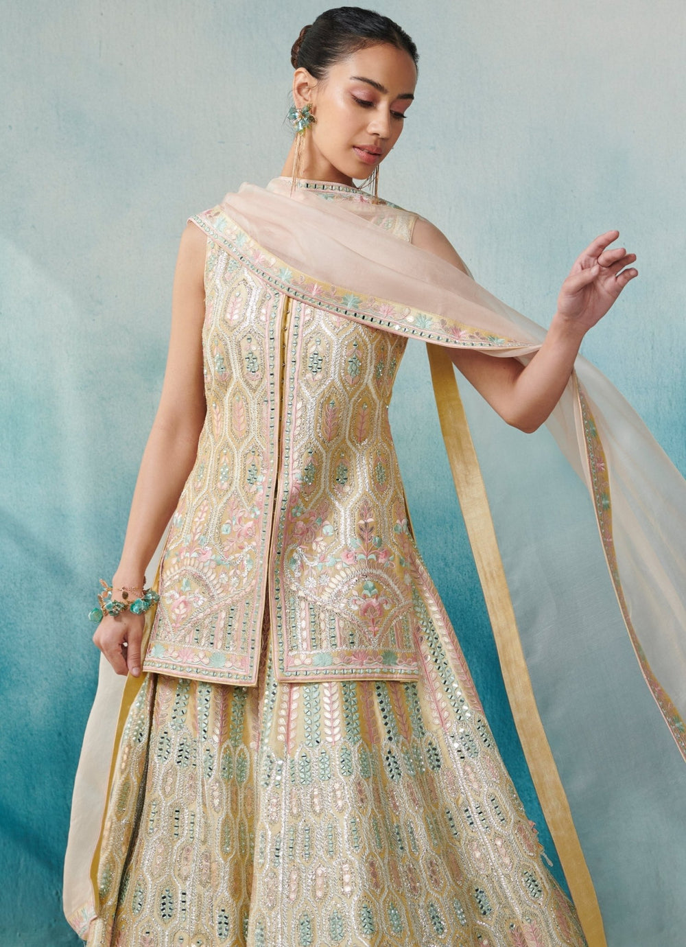 Pale Yellow Silk Lehenga With Front Open Jacket Set Suhino - Fabilicious Fashion