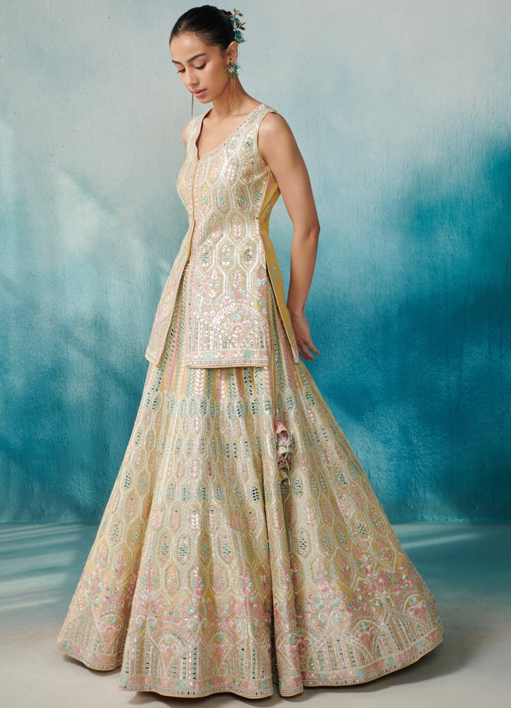 Pale Yellow Silk Lehenga With Front Open Jacket Set Suhino - Fabilicious Fashion