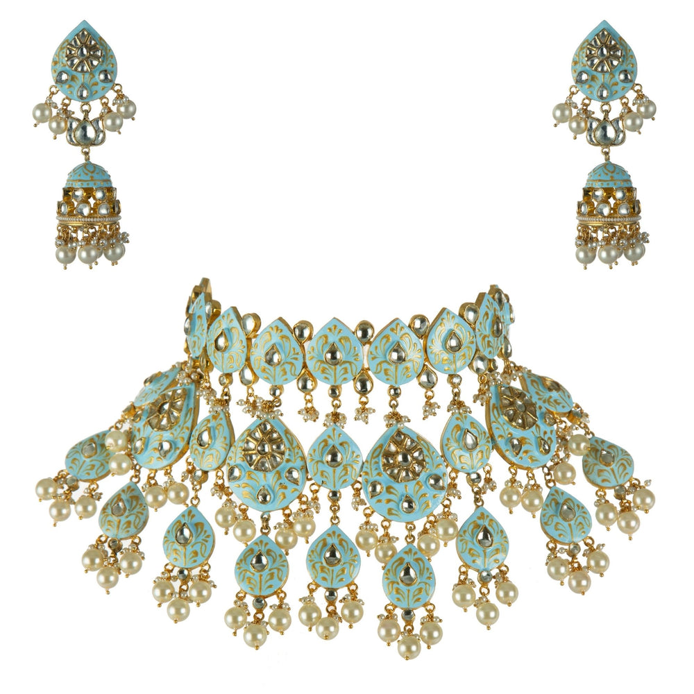 Pastel Blue Choker Heavy Necklace Set Riana by Shikha Jindal - Fabilicious Fashion