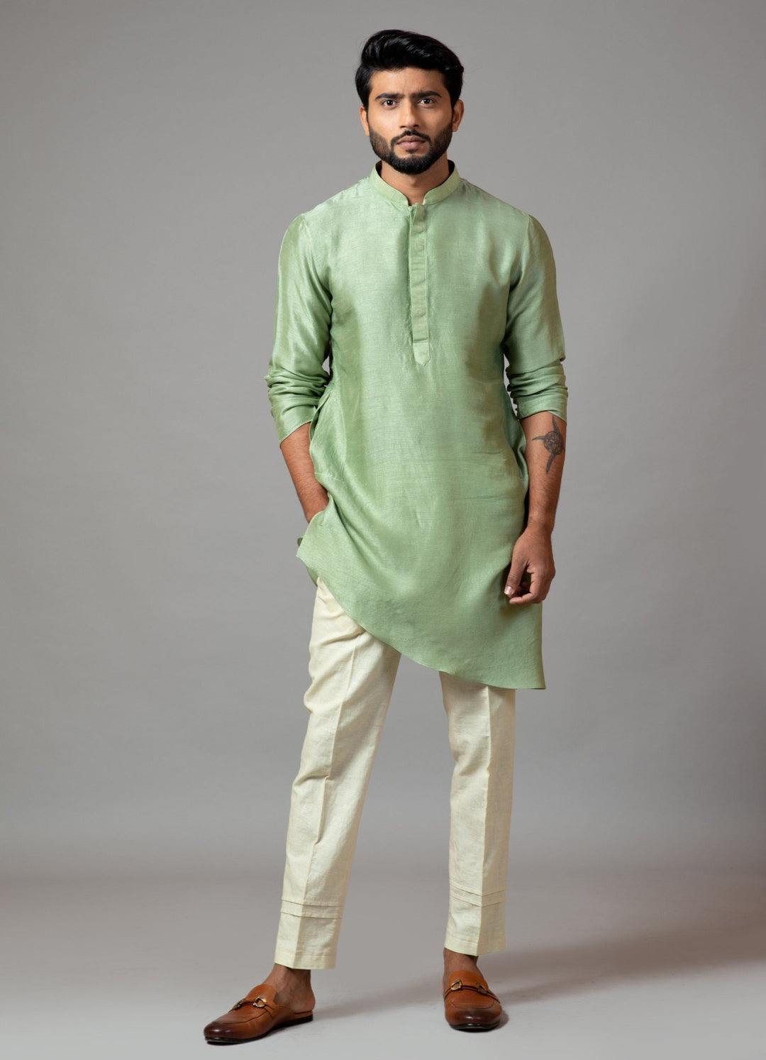 Pastel Green Asymmetrical Kurta And Pant Pajama Smriti - Fabilicious Fashion
