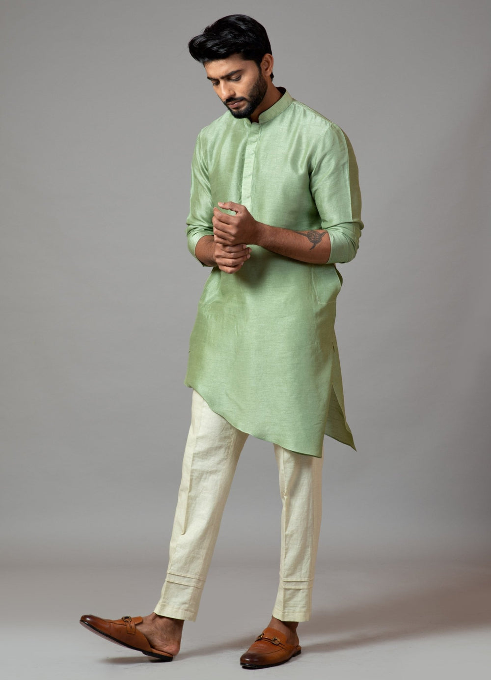 Pastel Green Asymmetrical Kurta And Pant Pajama Smriti - Fabilicious Fashion
