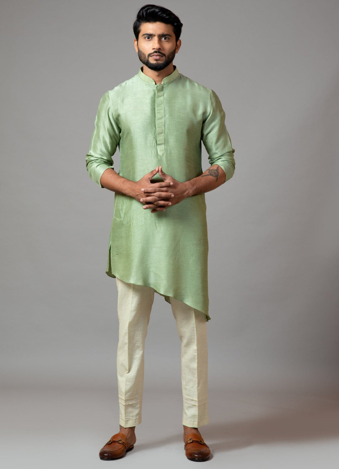 Pastel Green Asymmetrical Kurta And Pant Pajama Smriti - Fabilicious Fashion