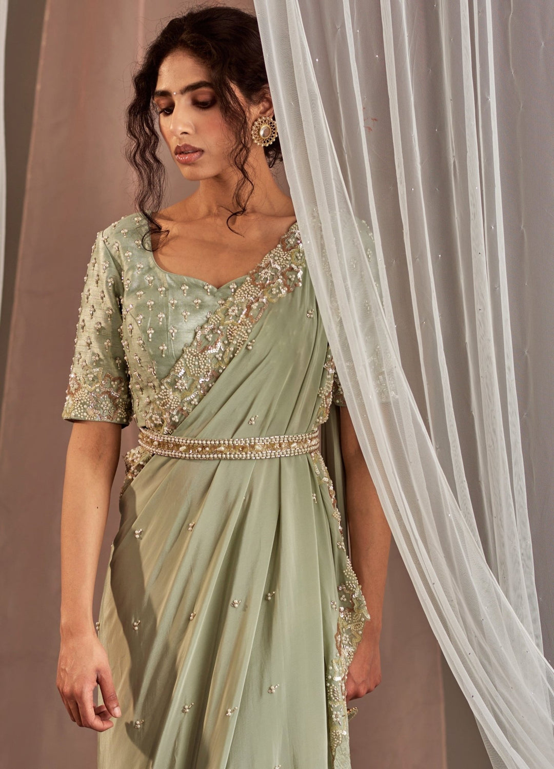 Pastel Green Embellished Crepe Saree Set With Belt Nidhika Shekhar - Fabilicious Fashion