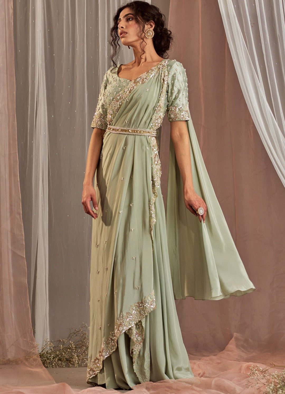 Pastel Green Embellished Crepe Saree Set With Belt Nidhika Shekhar - Fabilicious Fashion
