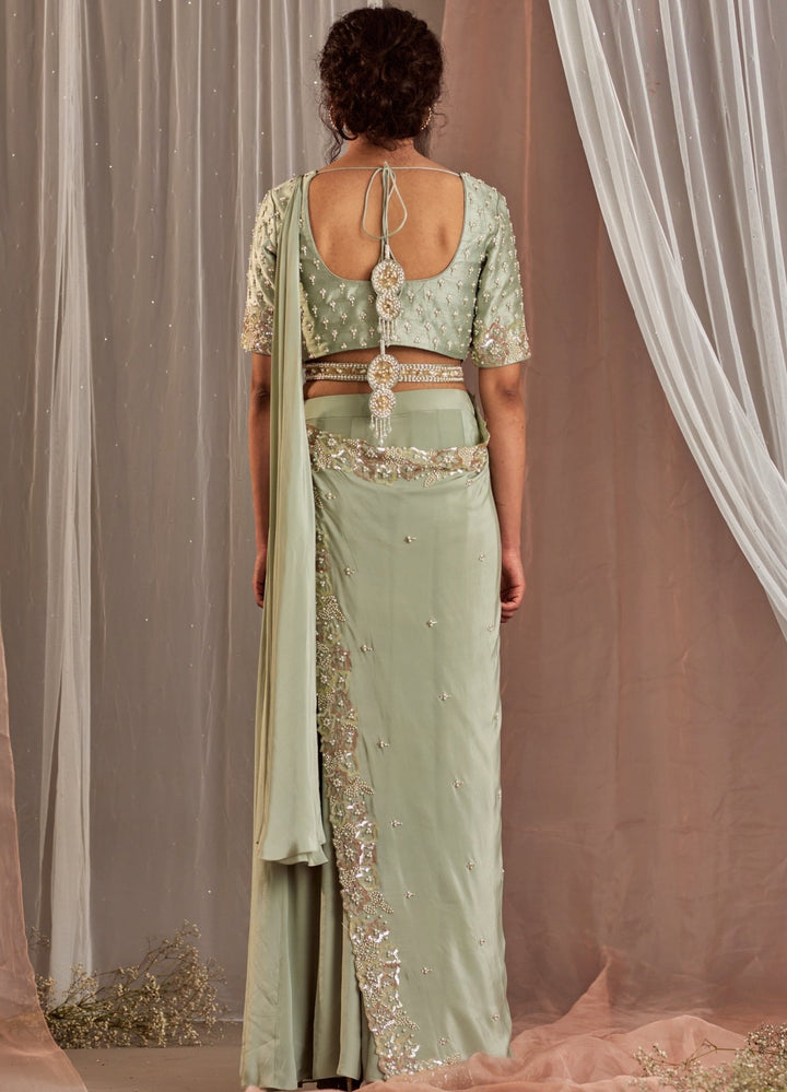 Pastel Green Embellished Crepe Saree Set With Belt Nidhika Shekhar - Fabilicious Fashion