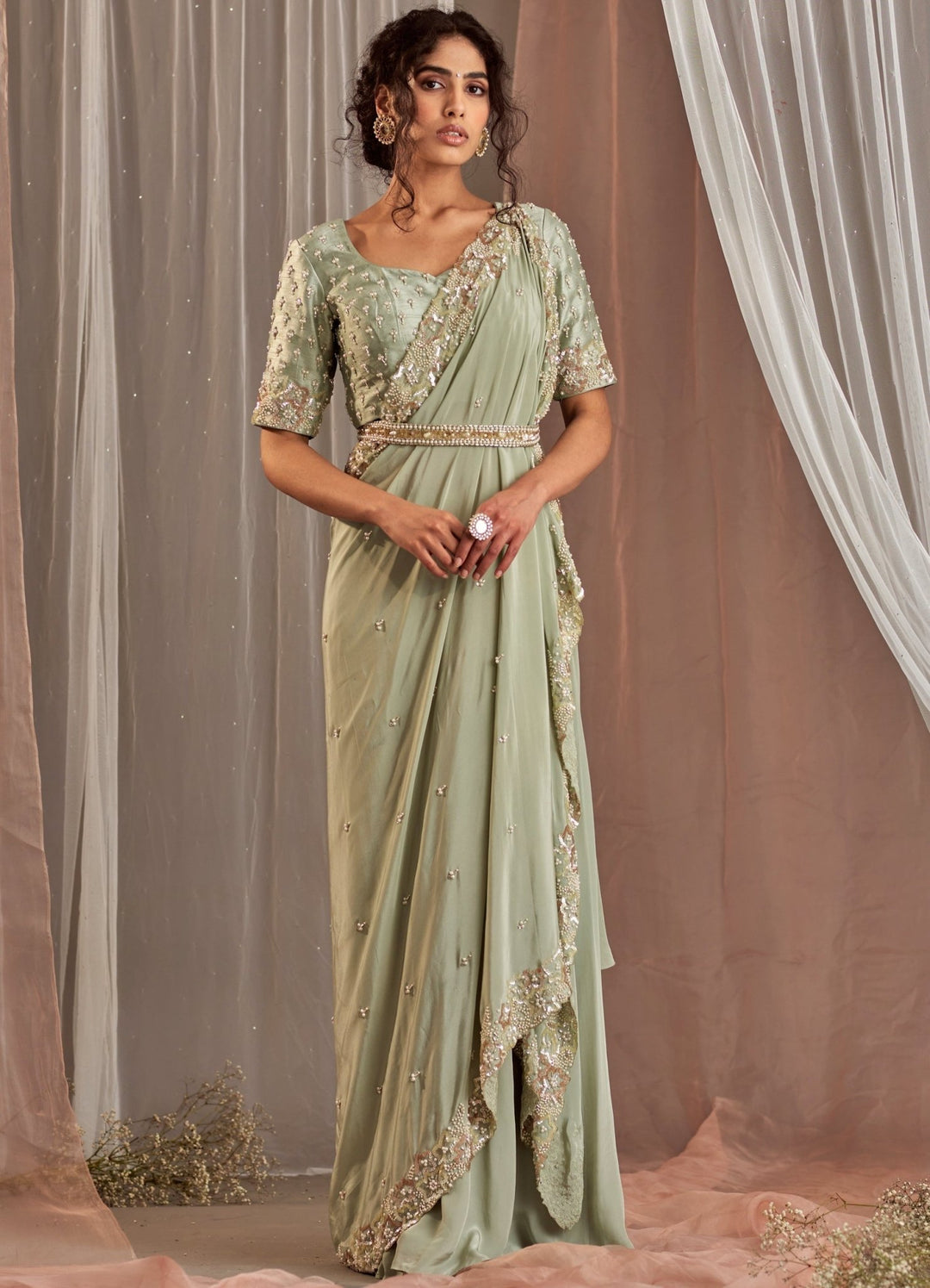 Pastel Green Embellished Crepe Saree Set With Belt Nidhika Shekhar - Fabilicious Fashion