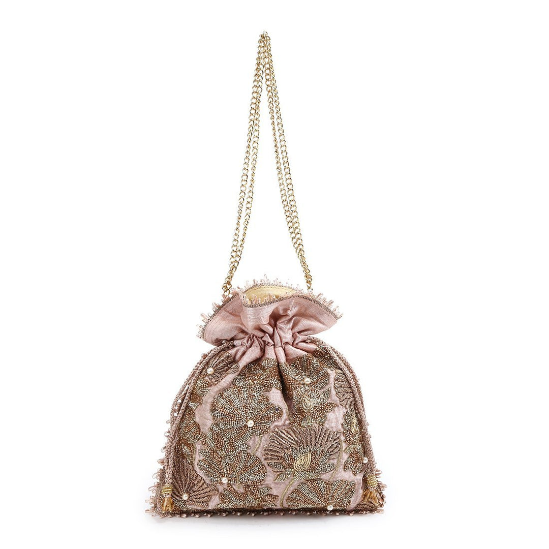 Pastel Pink and Gold Floral Potli The Purple Sack - Fabilicious Fashion