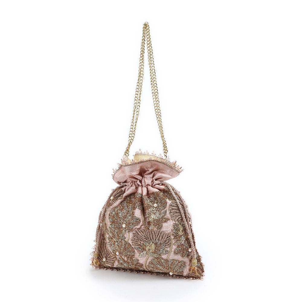 Pastel Pink and Gold Floral Potli The Purple Sack - Fabilicious Fashion