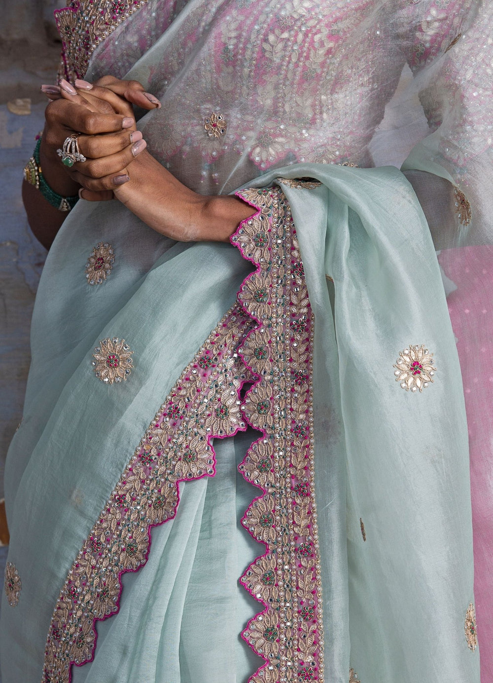 Pastel Pink and Sea Green Organza Saree Set Nitika Gujral - Fabilicious Fashion