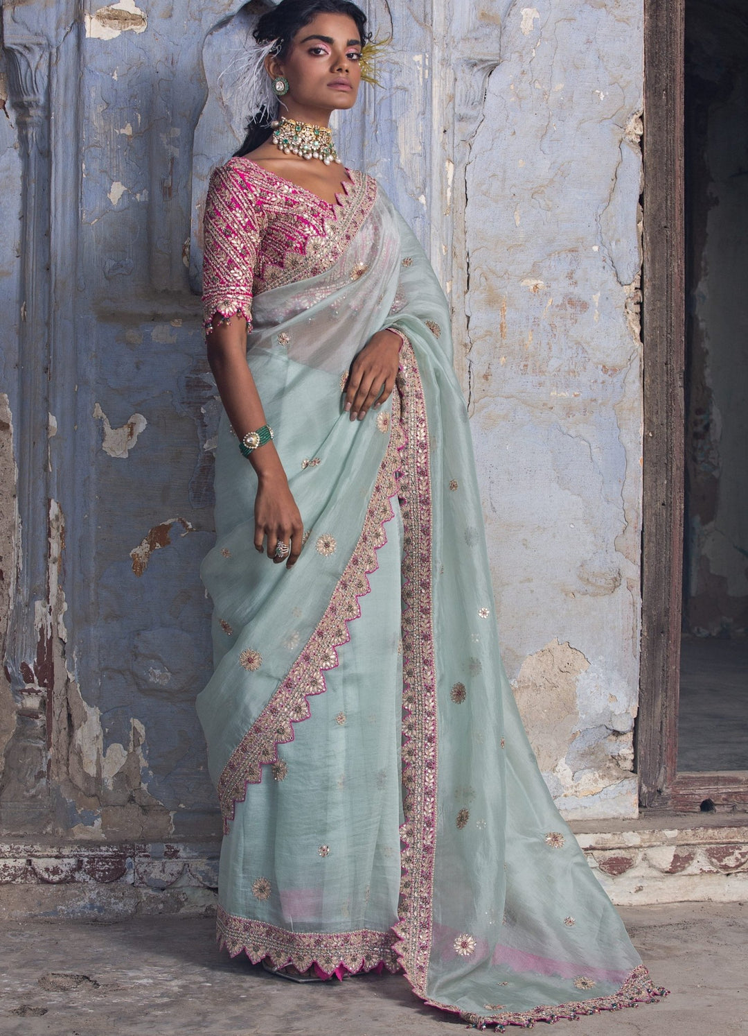 Pastel Pink and Sea Green Organza Saree Set Nitika Gujral - Fabilicious Fashion