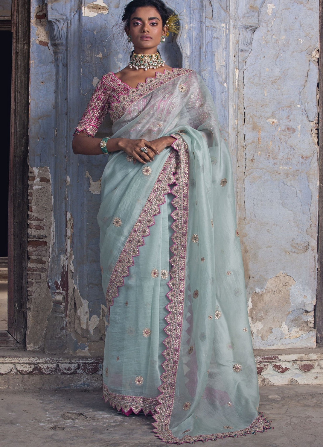 Pastel Pink and Sea Green Organza Saree Set Nitika Gujral - Fabilicious Fashion