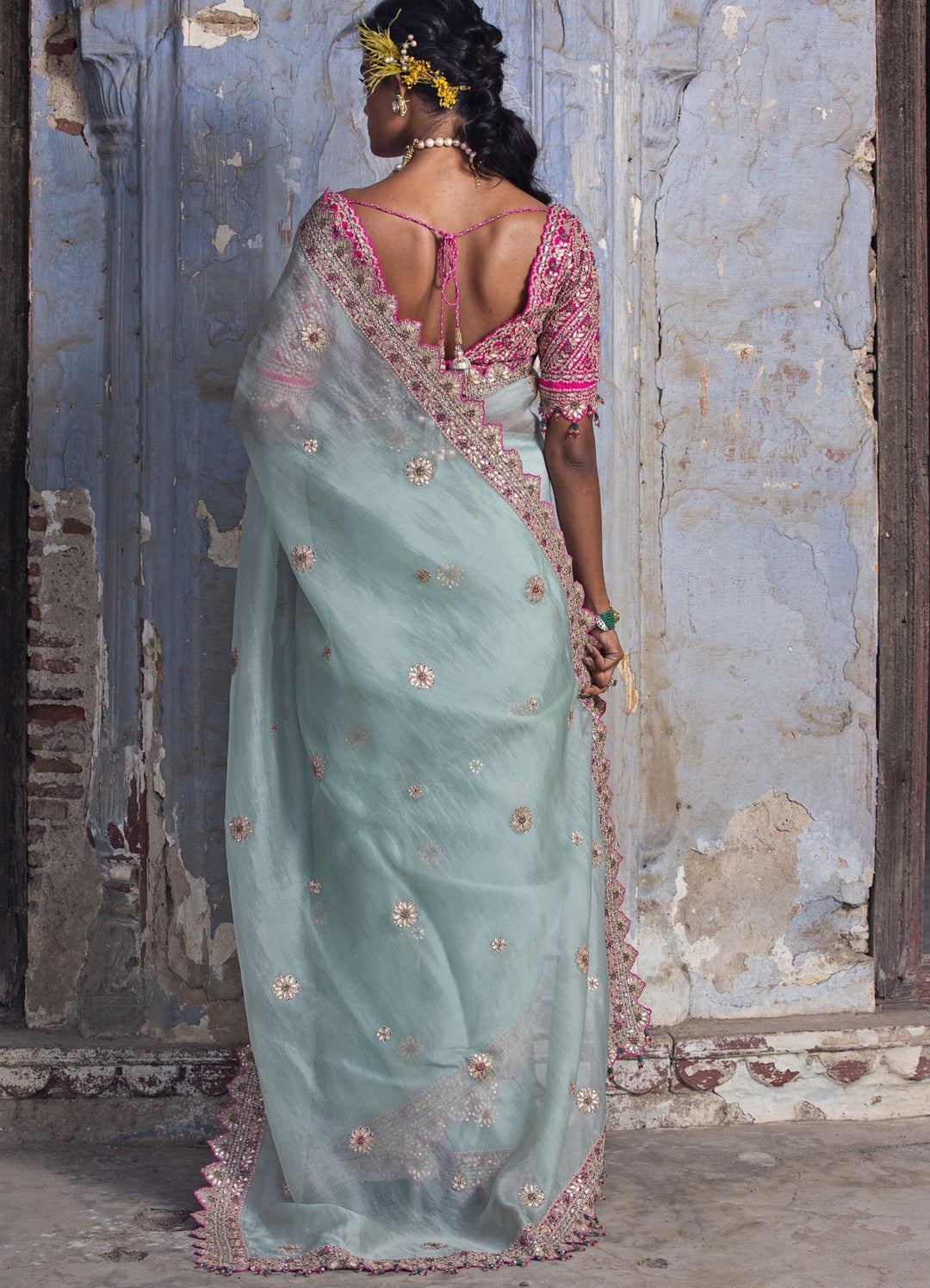 Pastel Pink and Sea Green Organza Saree Set Nitika Gujral - Fabilicious Fashion
