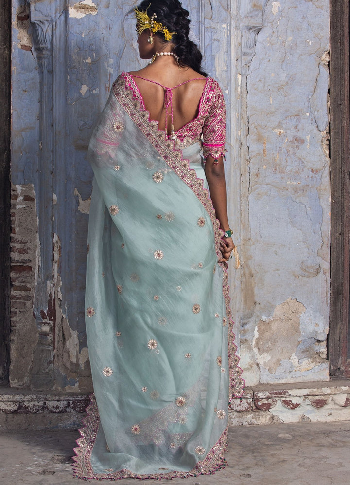 Pastel Pink and Sea Green Organza Saree Set Nitika Gujral - Fabilicious Fashion