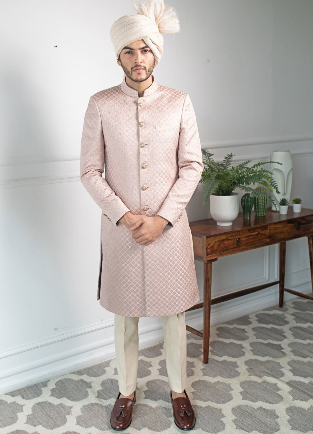 Pastel Pink embossed achkan Set Contrast By Parth - Fabilicious Fashion