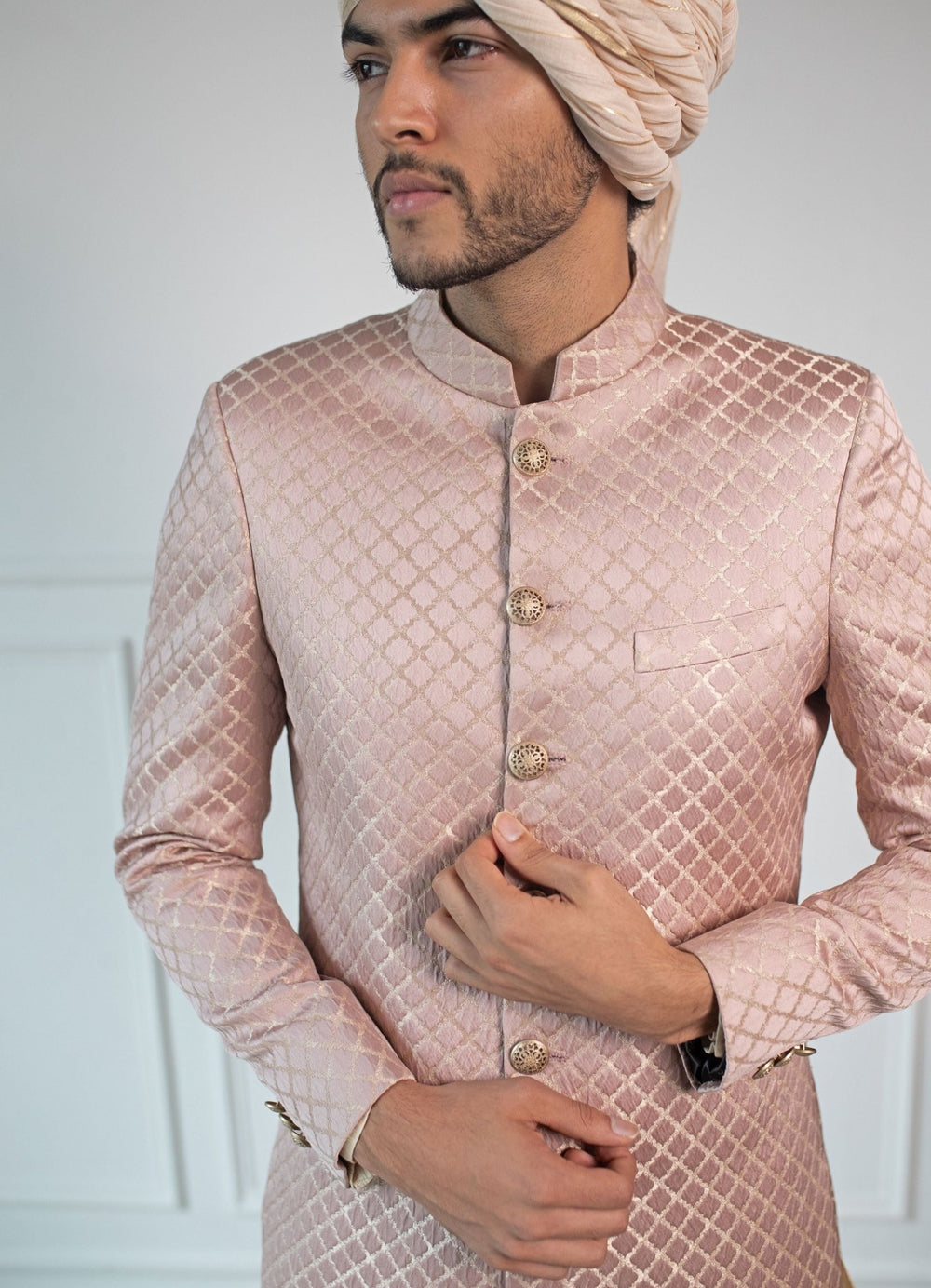 Pastel Pink embossed achkan Set Contrast By Parth - Fabilicious Fashion