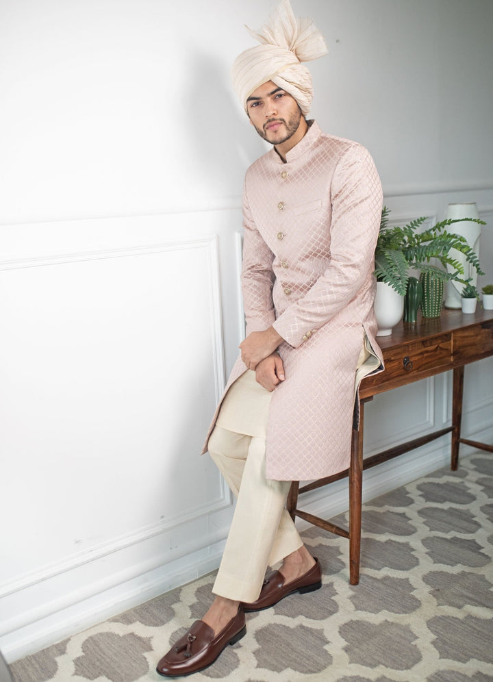 Pastel Pink embossed achkan Set Contrast By Parth - Fabilicious Fashion