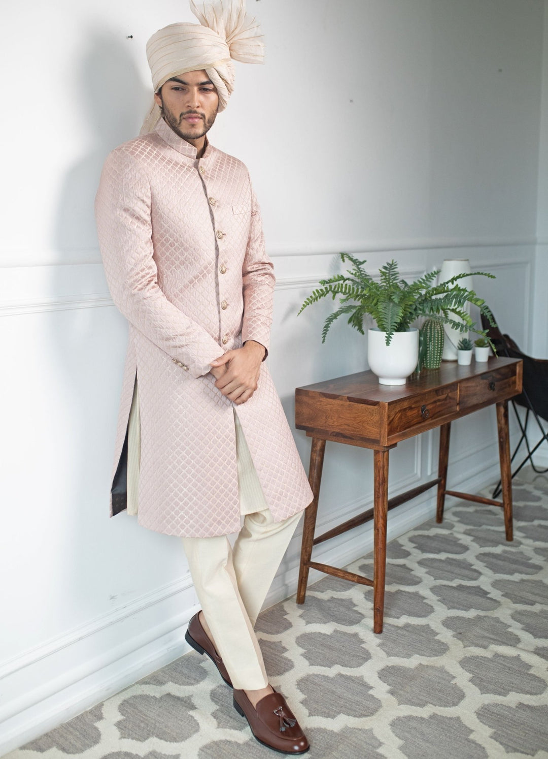 Pastel Pink embossed achkan Set Contrast By Parth - Fabilicious Fashion