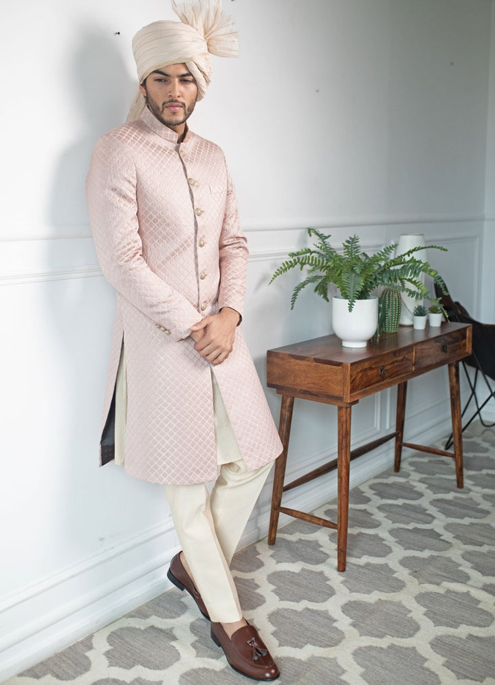 Pastel Pink embossed achkan Set Contrast By Parth - Fabilicious Fashion