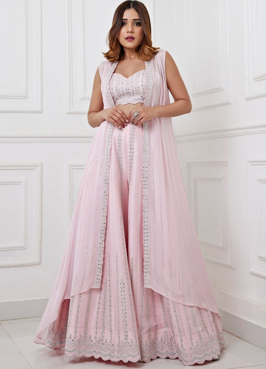 Pastel Pink Embroidered Jacket Set Chamee and Palak - Fabilicious Fashion