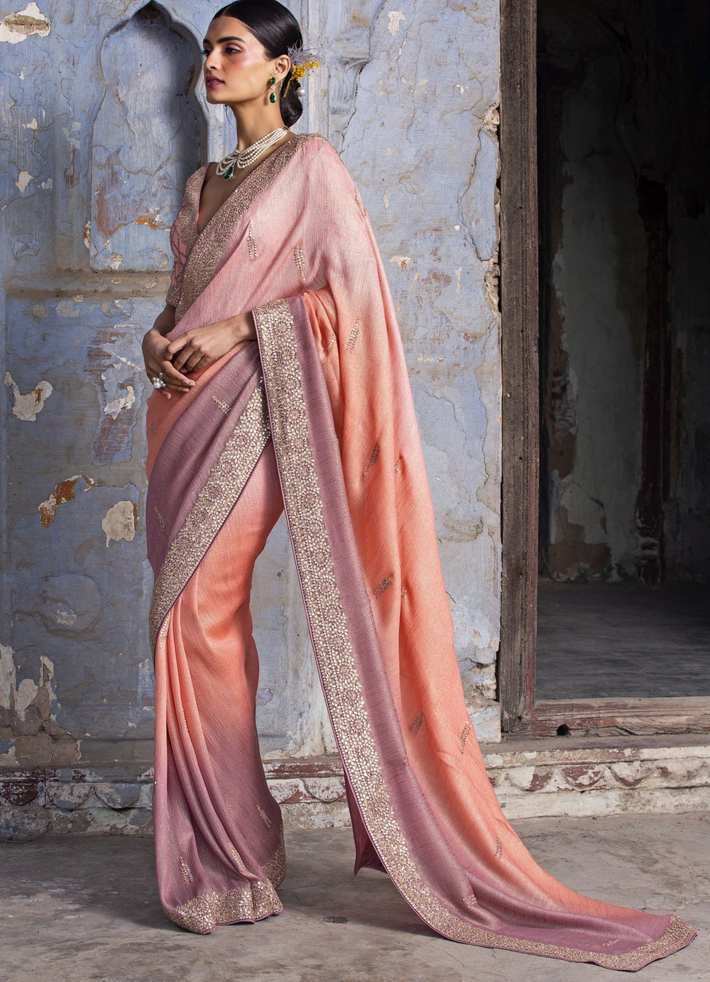 Peach and Mauve Ombre Saree Set Nitika Gujral - Fabilicious Fashion