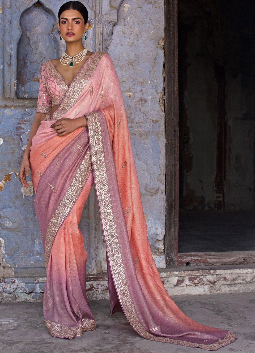 Peach and Mauve Ombre Saree Set Nitika Gujral - Fabilicious Fashion