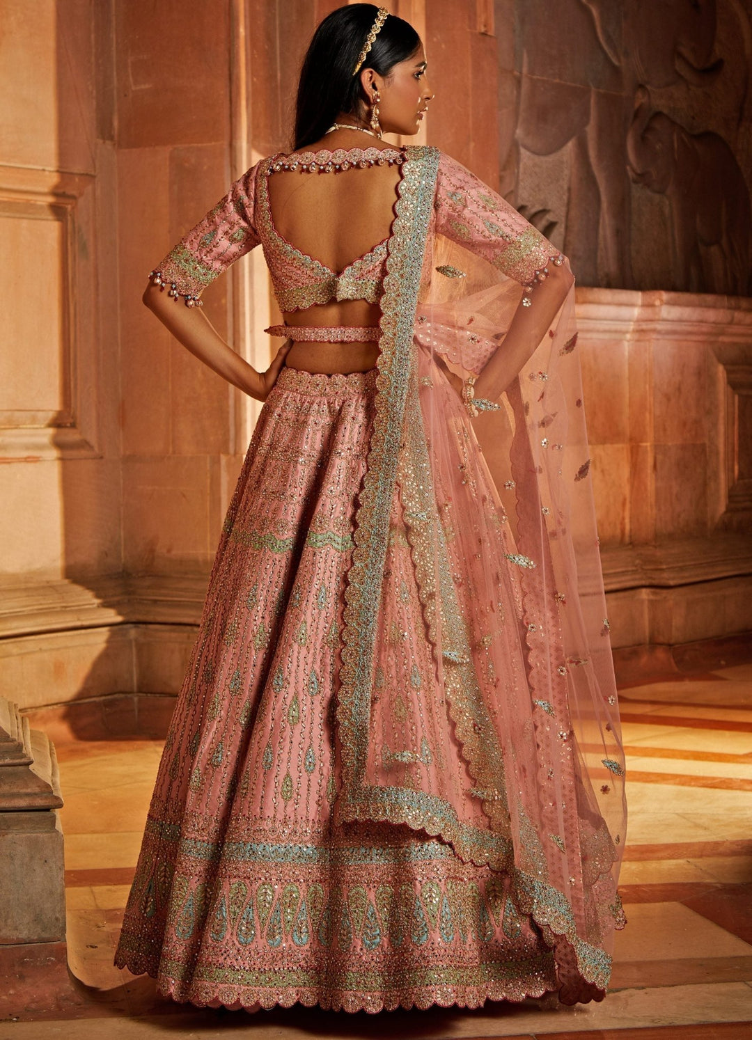 Peach and Sky Blue Taffeta Lehenga Set With Tulle Dupatta Nitika Gujral - Fabilicious Fashion