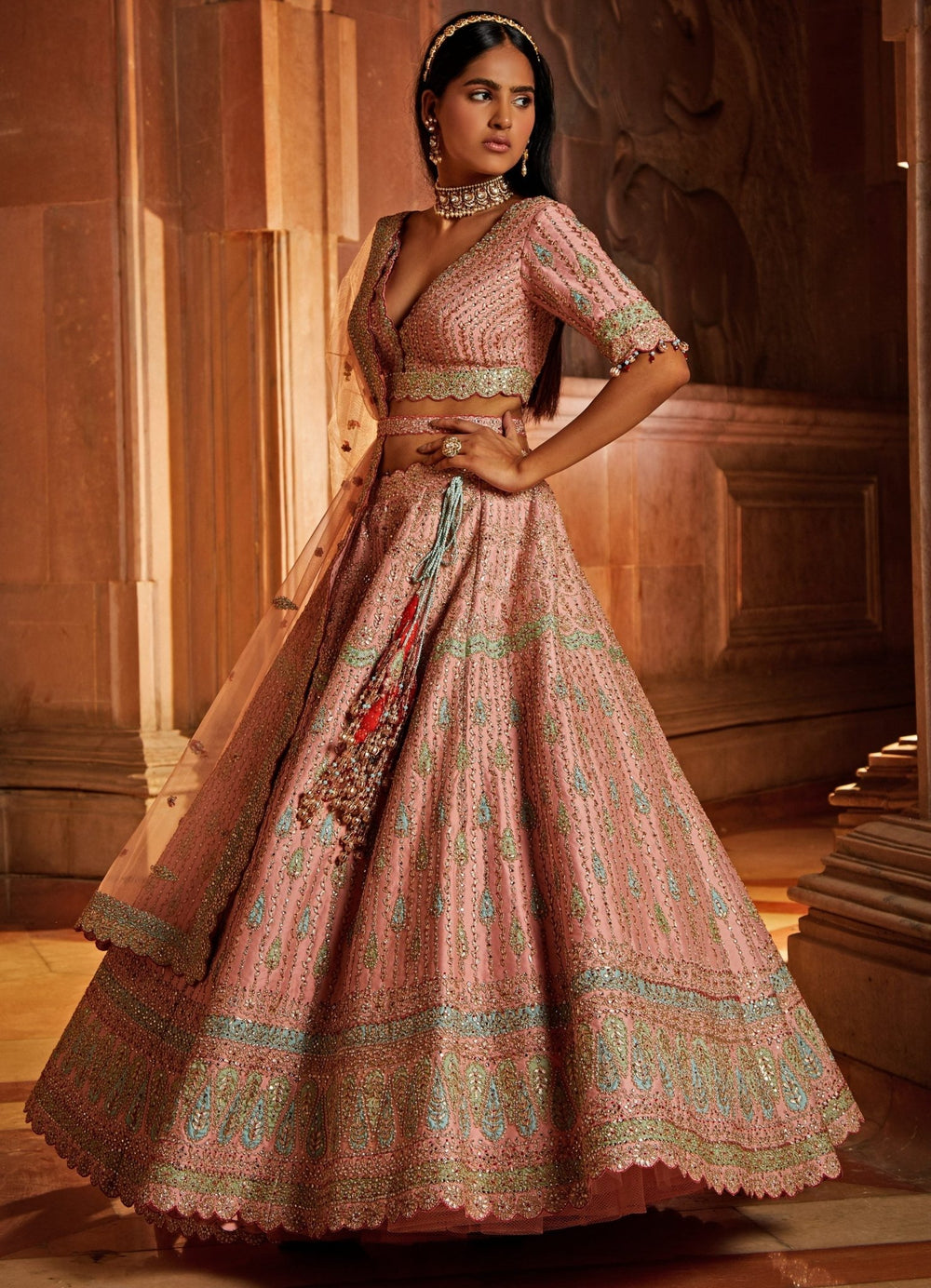 Peach and Sky Blue Taffeta Lehenga Set With Tulle Dupatta Nitika Gujral - Fabilicious Fashion