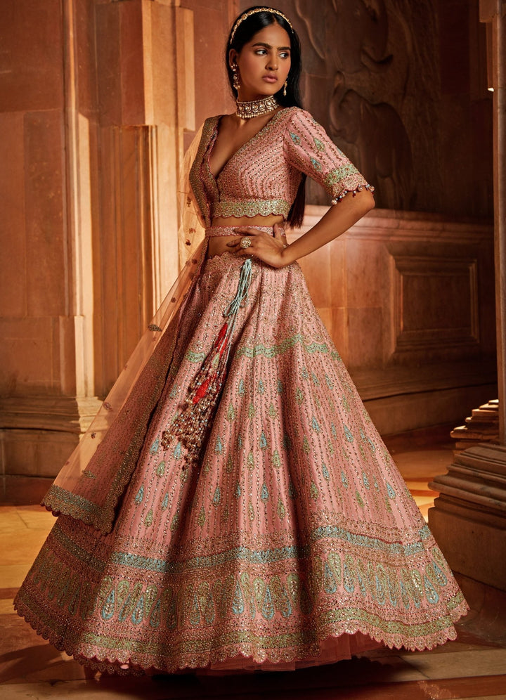 Peach and Sky Blue Taffeta Lehenga Set With Tulle Dupatta Nitika Gujral - Fabilicious Fashion