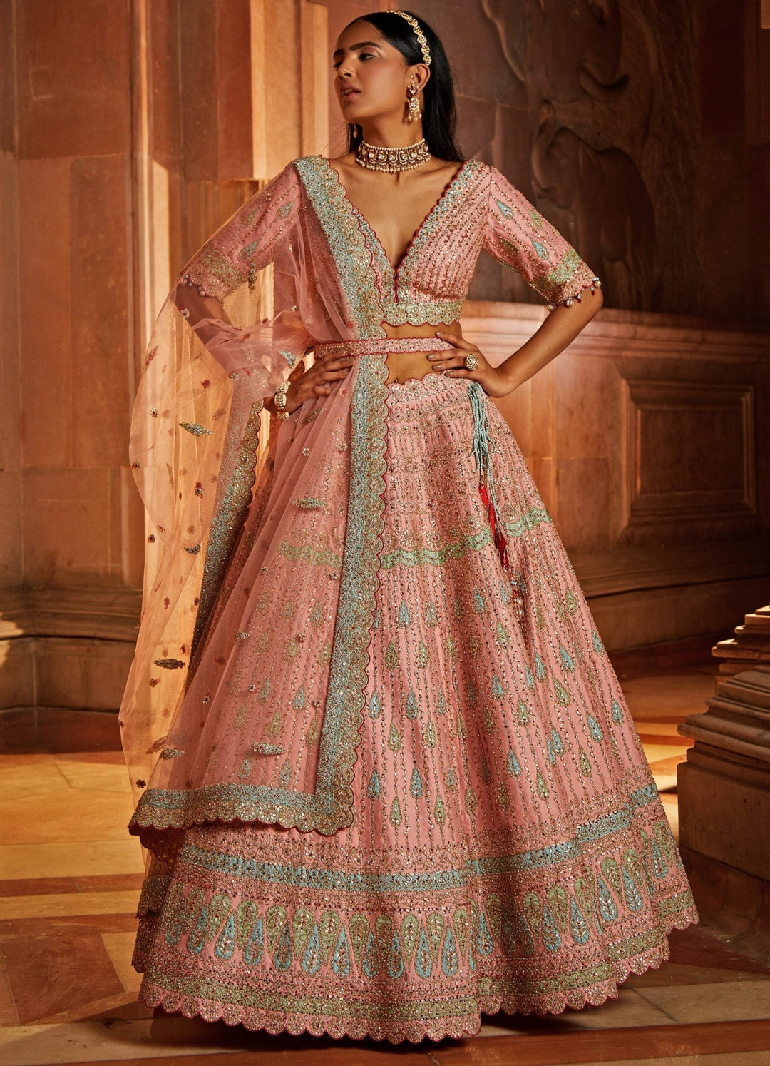 Peach and Sky Blue Taffeta Lehenga Set With Tulle Dupatta Nitika Gujral - Fabilicious Fashion