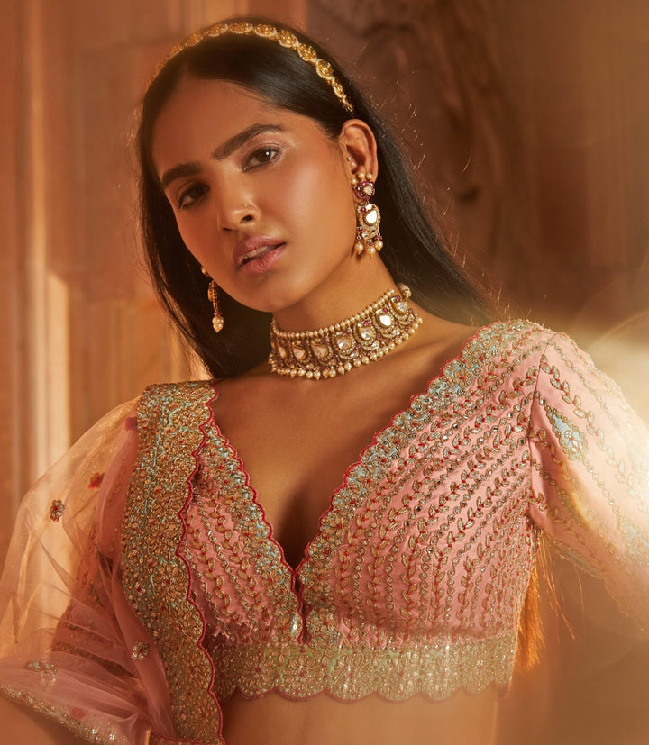 Peach and Sky Blue Taffeta Lehenga Set With Tulle Dupatta Nitika Gujral - Fabilicious Fashion