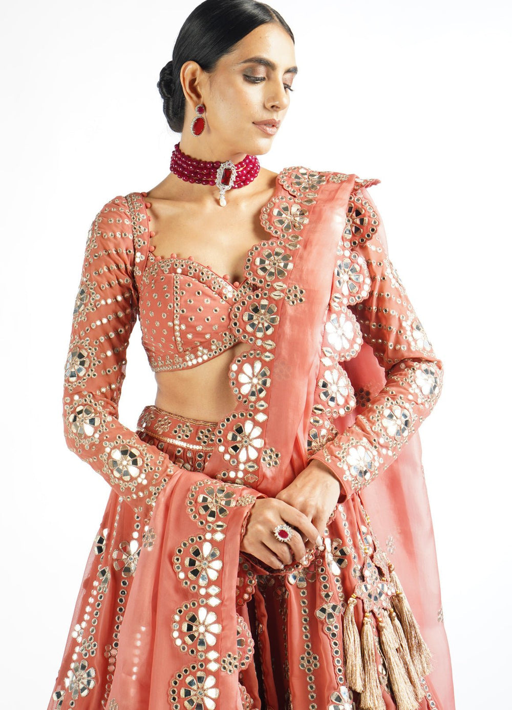 Peach Big Flower Linear Lehenga Set Vvani by Vani Vats - Fabilicious Fashion