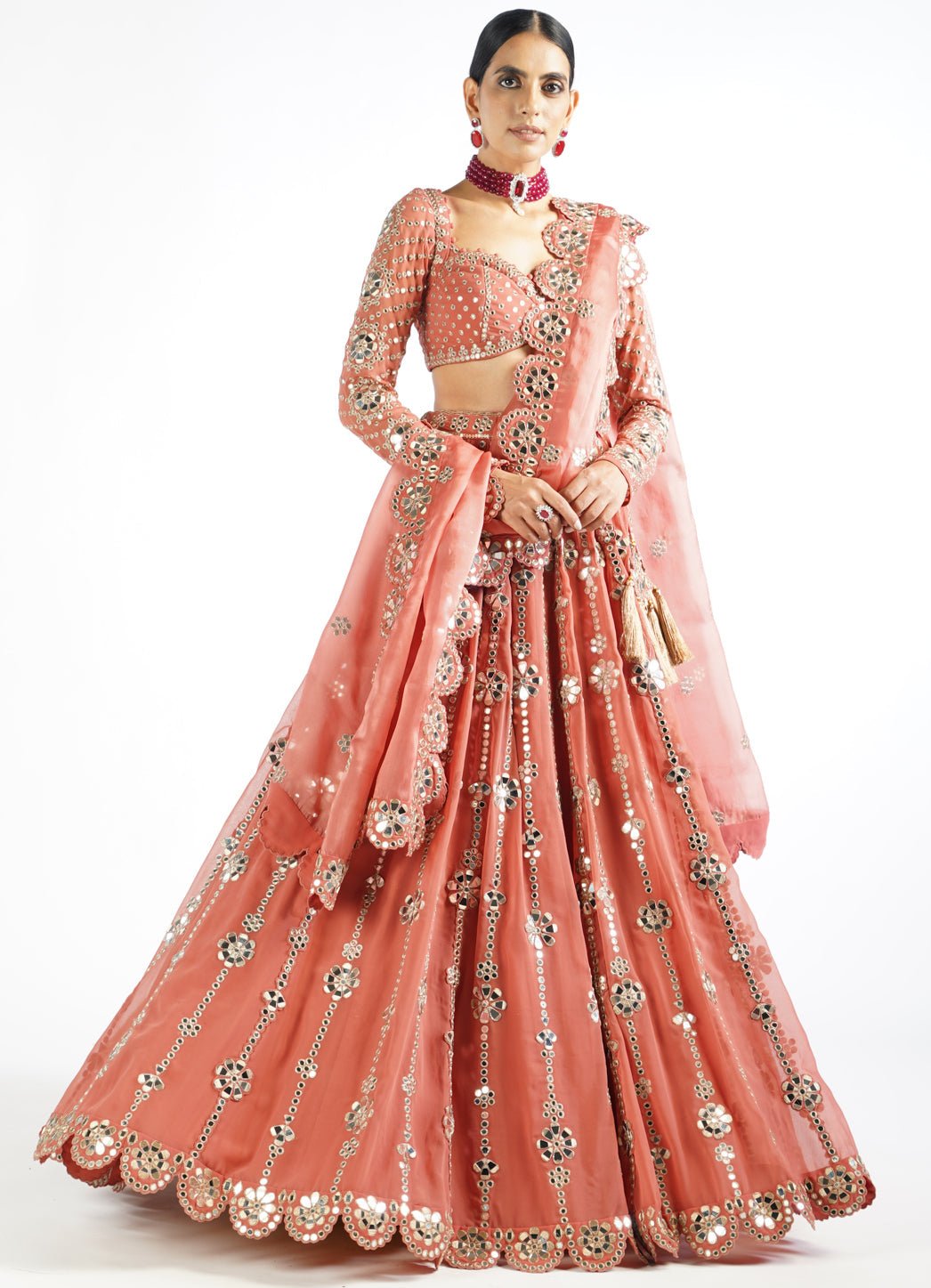 Peach Big Flower Linear Lehenga Set Vvani by Vani Vats - Fabilicious Fashion