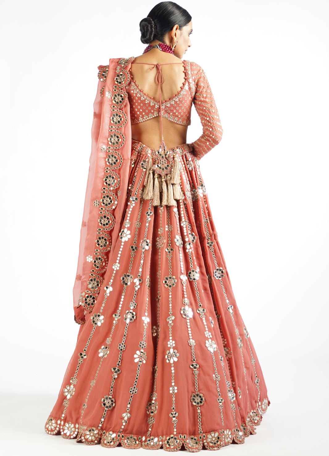 Peach Big Flower Linear Lehenga Set Vvani by Vani Vats - Fabilicious Fashion