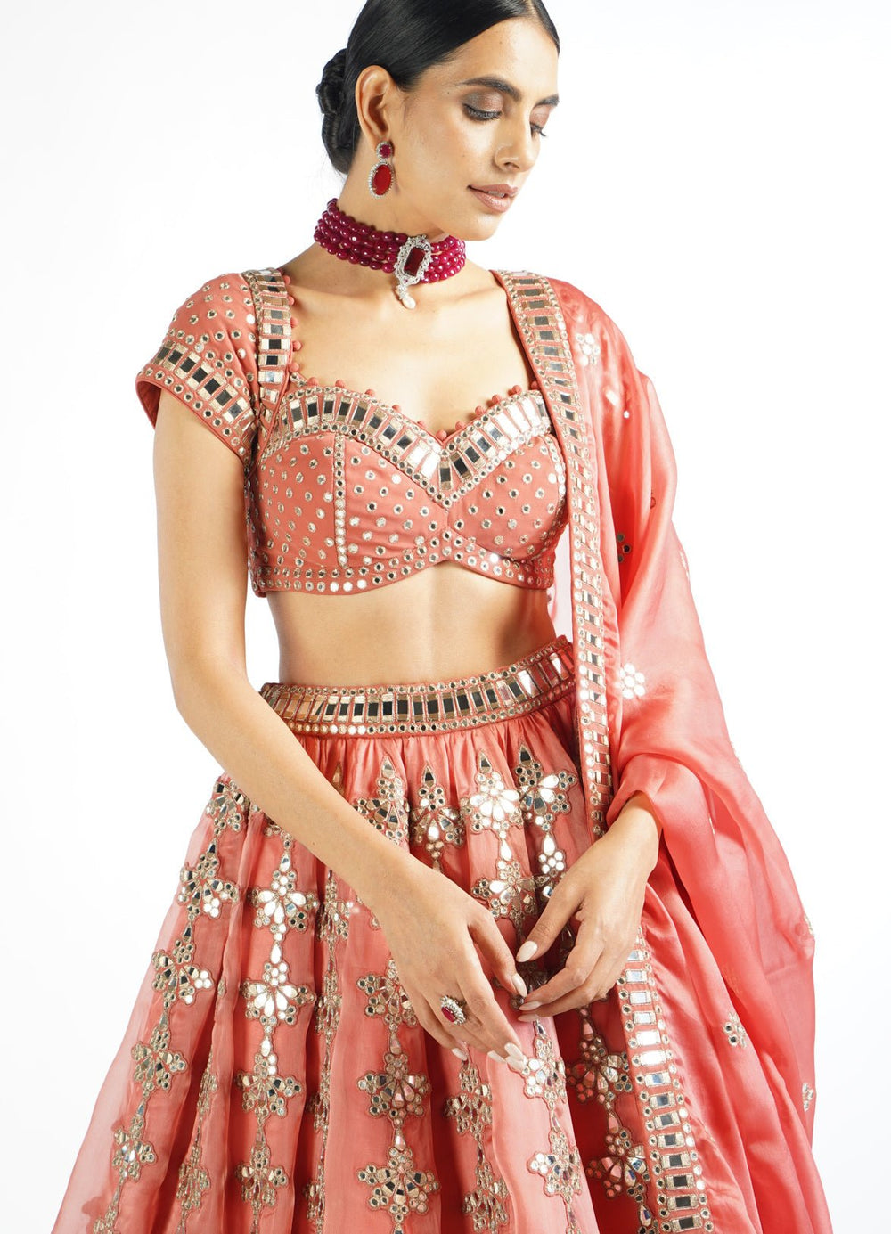 Peach Chandelier Drop Lehenga Set Vvani by Vani Vats - Fabilicious Fashion