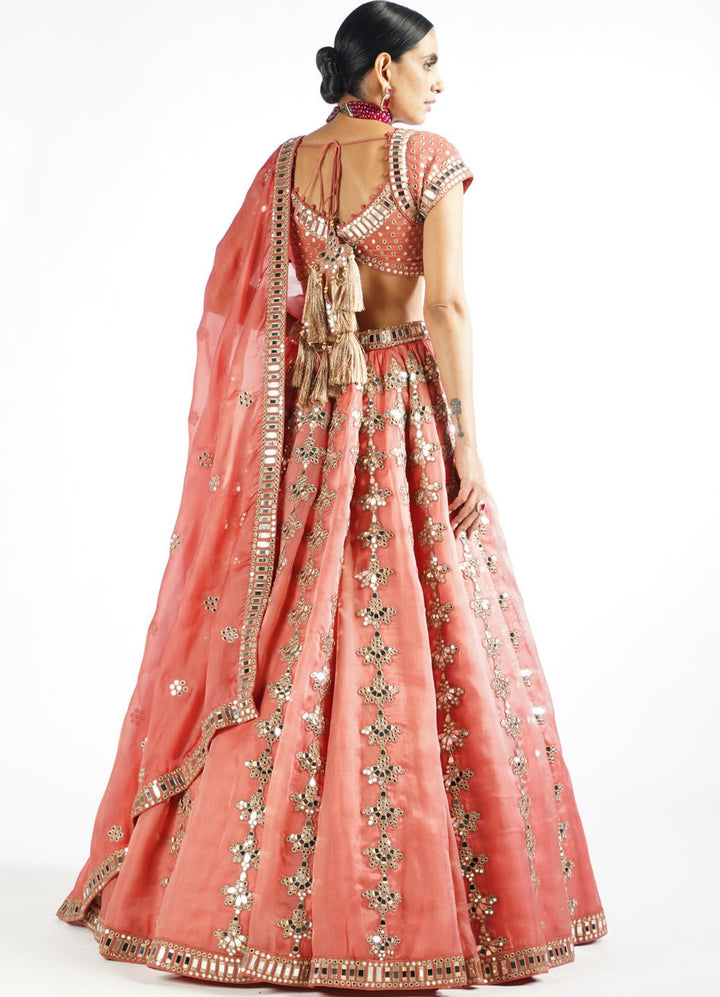 Peach Chandelier Drop Lehenga Set Vvani by Vani Vats - Fabilicious Fashion