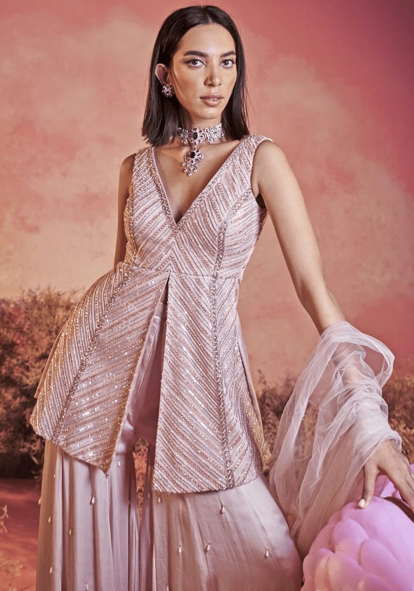 Peach Embroidered Kurta Sharara Set Parul Gandhi - Fabilicious Fashion