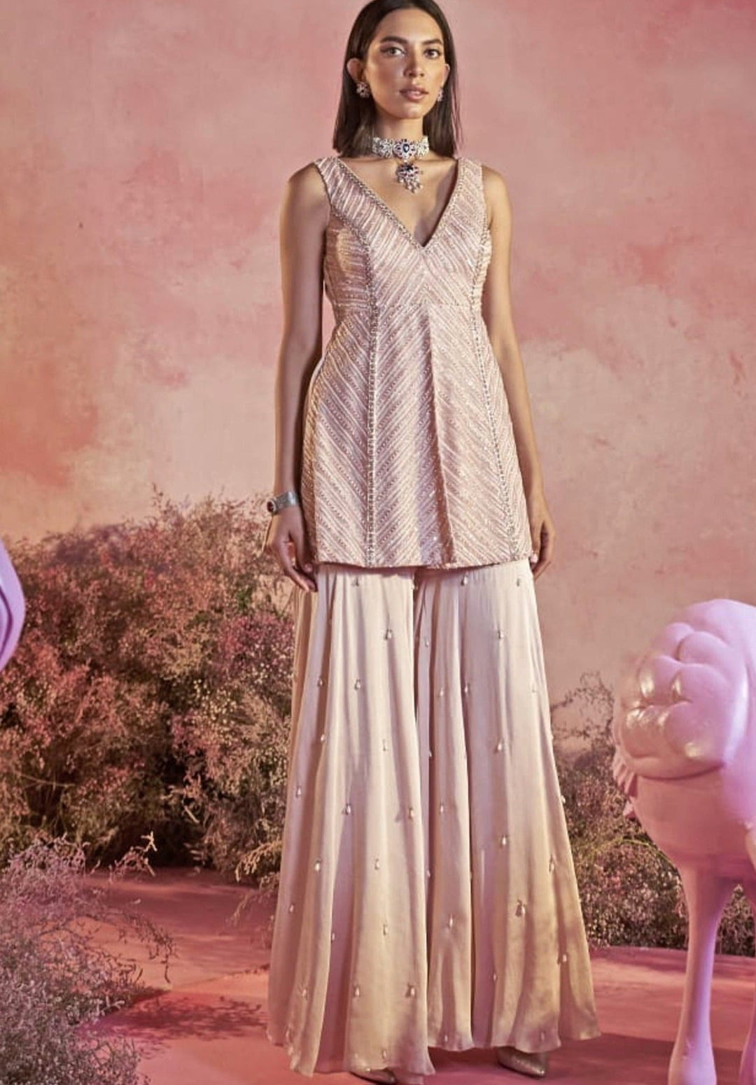 Peach Embroidered Kurta Sharara Set Parul Gandhi - Fabilicious Fashion