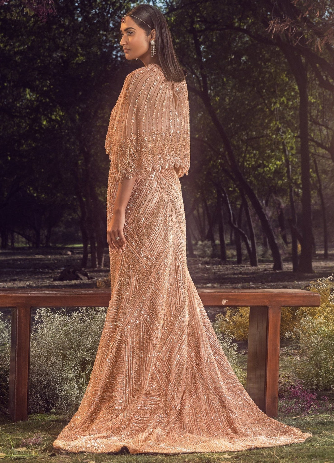Peach Embroidered Lehenga Cape Set with Veil Nitika Gujral - Fabilicious Fashion