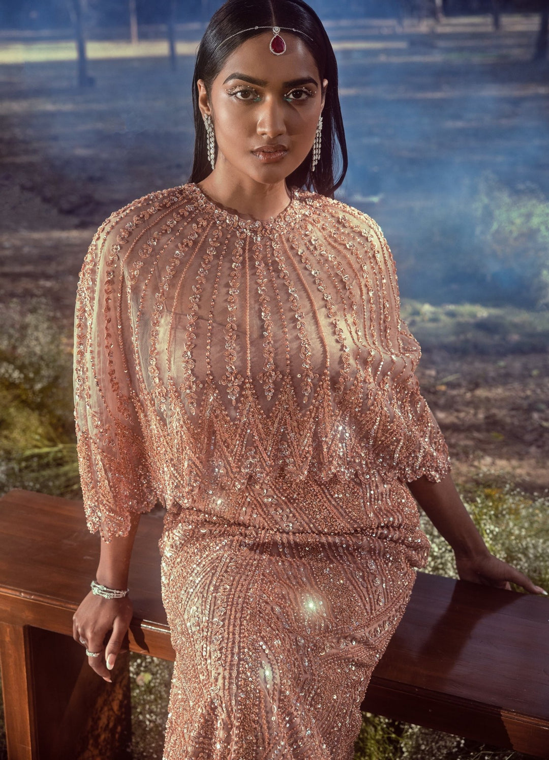 Peach Embroidered Lehenga Cape Set with Veil Nitika Gujral - Fabilicious Fashion
