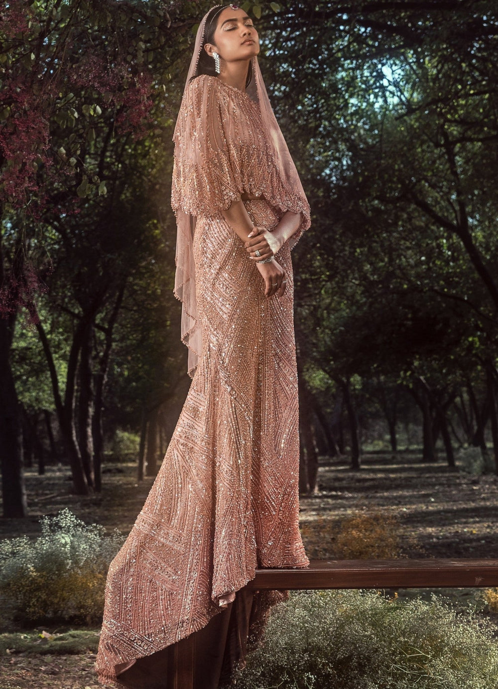 Peach Embroidered Lehenga Cape Set with Veil Nitika Gujral - Fabilicious Fashion