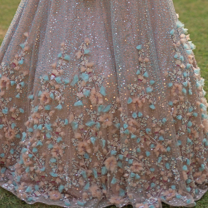 Peach Floral One Shoulder Lehenga Set Angad Singh - Fabilicious Fashion