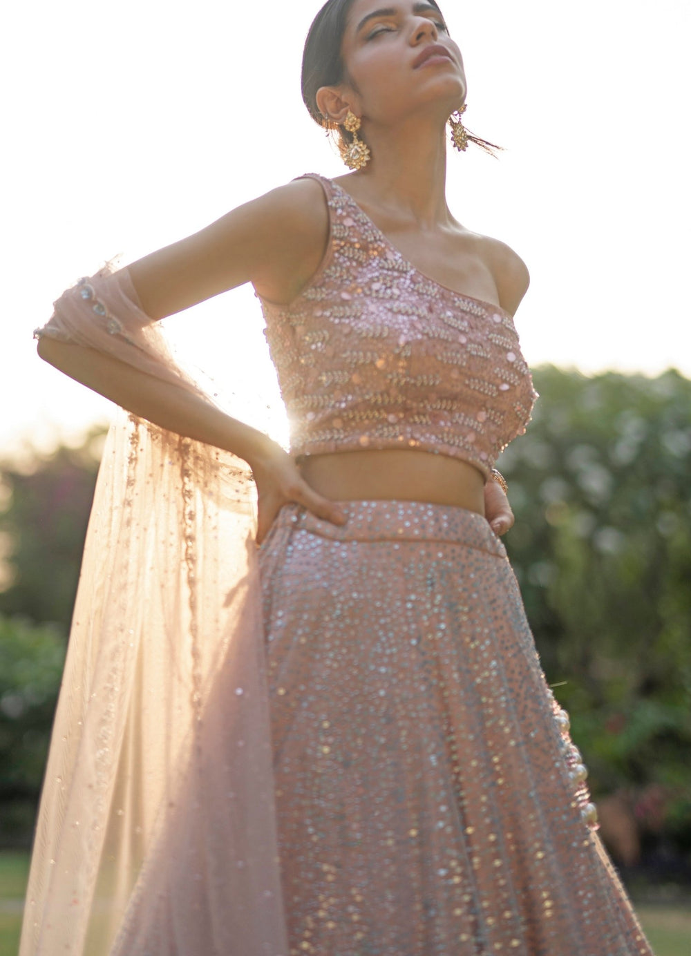 Peach Floral One Shoulder Lehenga Set Angad Singh - Fabilicious Fashion